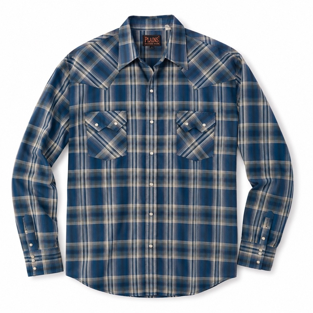Plains Western Wear Mens XL Pearl Snap Shirt Blue Plaid Cowboy Ranch Rodeo